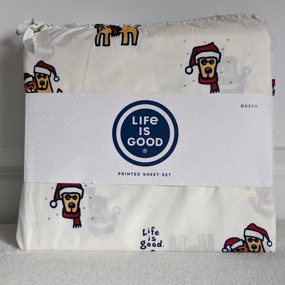 Life Is Good Christmas Holiday Dog Cat Print Sheet Set 100% Cotton Queen NWT - Picture 1 of 12